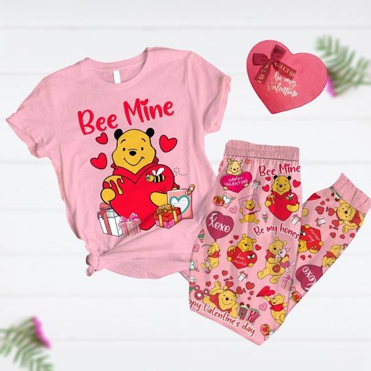Valentine Winnie The Pooh Pajamas Set, Pooh Be Mine Holiday Pajamas, Pooh Bear Happy Valentine Pajamas Set