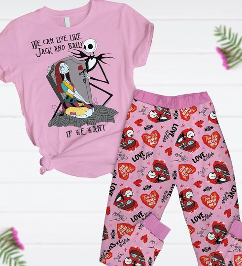 Valentines Jack And Sally Pajamas Set, Disney Couple Pajamas Set, Movie Holiday Pajamas