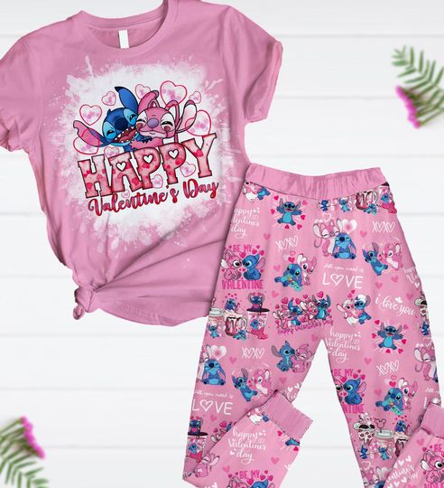 Stitch And Angel Couple Pajamas Set, Happy Valentines Day Pajamas Set, Disney Movie Pajamas, Stitch Couple Pajamas Set