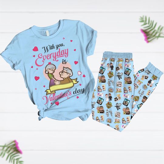Carl And Ellie Pajamas Set, With You Everyday Is Valentine's Day Pajamas Set, Disney Couple Pajamas Set