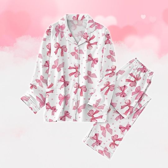 Pink Bow Coquette Pajamas Set, Ribbon Holiday Pajamas, Pink Pajamas Set, Bow Tie Bridesmaid Pajamas Set
