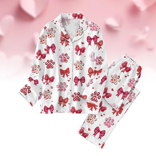 Cute Coquette Bow Pajamas Set, Paw Paw Valentine Pajamas, Pawjama Midnight Shirt, Pet Lover Pajamas Set