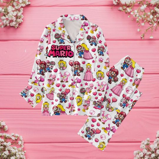 Super Valentine Pajamas Set, Princess Peach Pajamas, Pink Game Pajamas Set, Valentine Game Pajamas Set