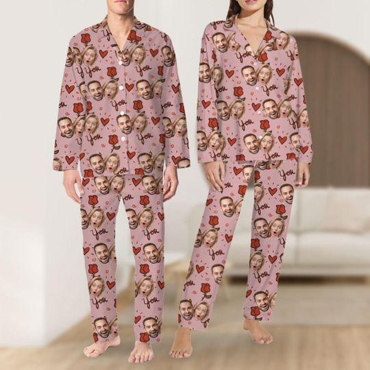Custom Valentine Face Pajamas For Couple, Custom Photo Pajama Pants for Women Men, Gifts for Wife Husband