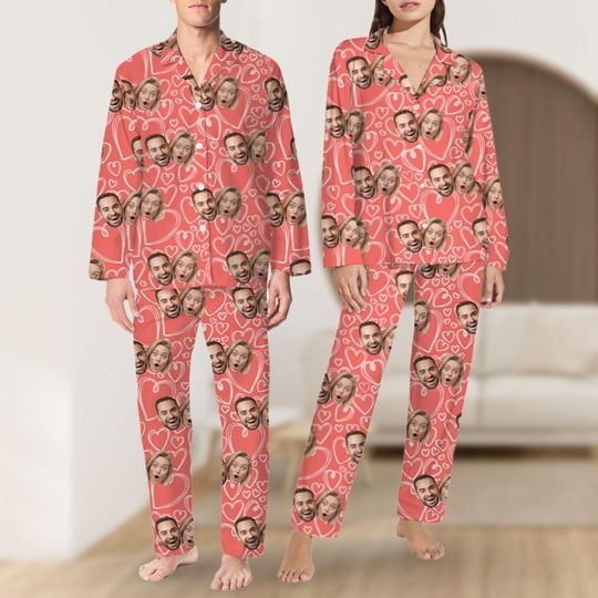 Custom Face Pajamas For Couple, Valentine Loungewear With Faces, Personalized Photo Pajama Pants for Women Men