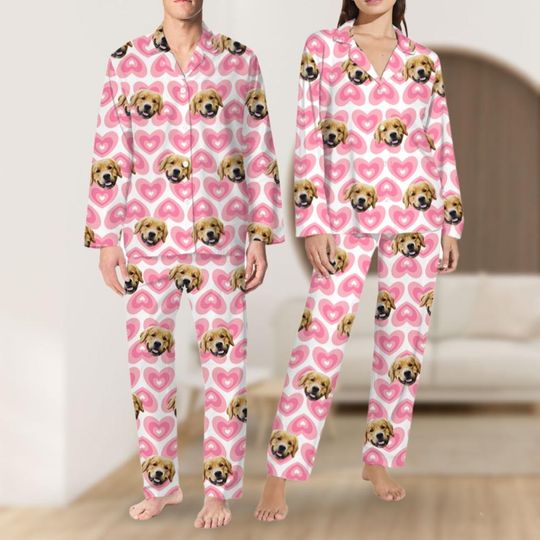 Personalized Valentine Pajamas With Faces, Pink Custom Face Couple Pajamas Set, Funny Loungewear