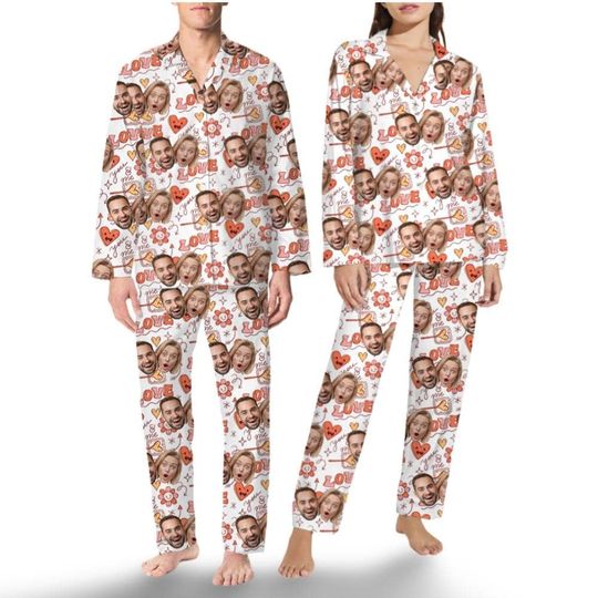 Valentine Flower Pajamas With Face, Custom Face Pajamas Set, Sleepwear Pajamas Set
