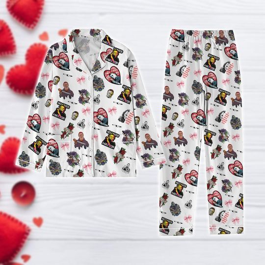 Valentine Michael Myers Pajamas Set, Horror Valentine Bow Pajamas, Scary Characters Pajamas Set