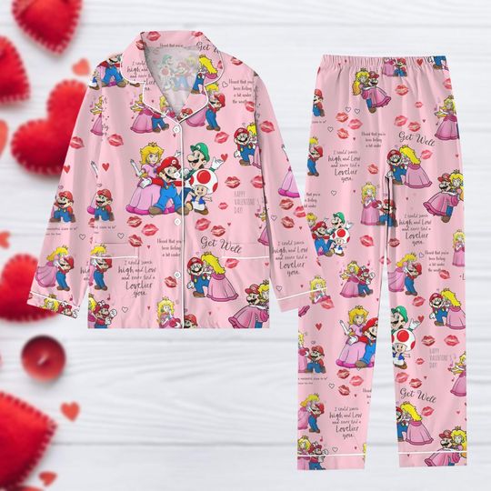 Peach Princess Couple Pajamas Set, Super Couple Pajamas, Valentines Day Pajamas Set, Pajamas Set