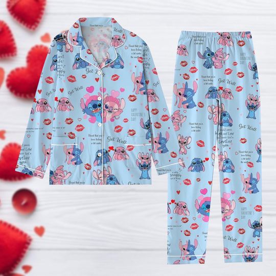 Stitch And Angel Pajamas Set, Disney Ohana Pajamas Set, Disneyland Trip Pajamas Set, Valentine Pajamas Set