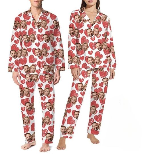Custom Face Pajama Set, Sleepwear For Couple White, Valentine's Day Holiday Pajamas, Family Matching Pajamas Set