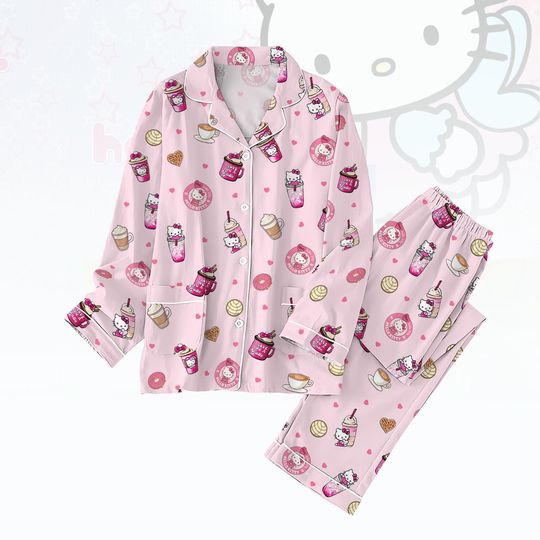 Hello Kitty Pink Pajamas Set, Pink Hello Kitty Valentine Pajamas, Kitty Latte Pajamas Set