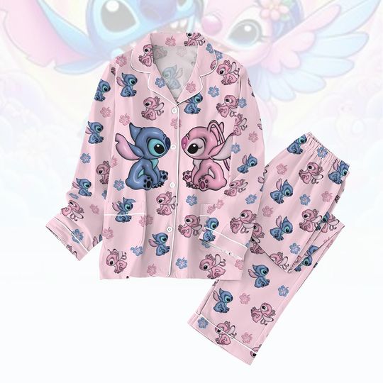 Stitch And Angel Pajamas Set, Disneyland Trip Pajamas Set, Valentine Pajamas For Her, Lilo And Stitch Pajamas Set