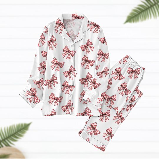 Discover Coquette Pajamas Set, Pink Bow Valentine Sleepwear, Coquette 2025 Valentine Pajamas Set