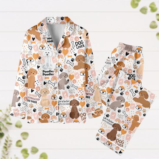 Poodle Dog Pajamas Set, Poodle Holiday Pajamas, Cute Dog Pajamas Set, Poodle Valentine Lovers Gift