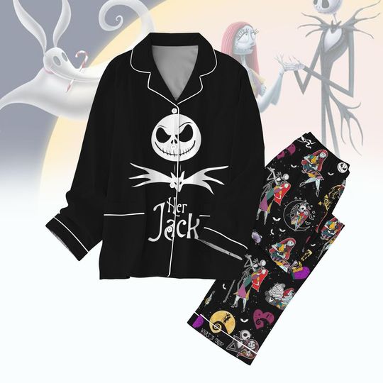 Nightmare Before Christmas Pajamas Set, Her Jack Shirt, Jack Skellington And Sally Pajamas Set