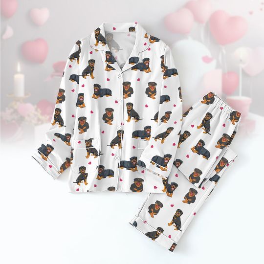 Rottweiler Dog Valentine Pajamas Set, Rottweiler Valentine T-Shirt, Dog Owners Gift for Her, Love Rottweiler Pajamas Set
