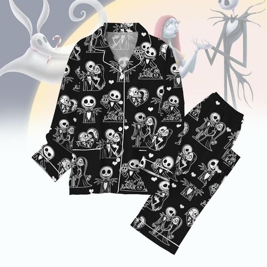 Jack And Sally Pajamas Set, Nightmare Christmas Holiday Pajamas, Jack Skellington Valentine Pajamas