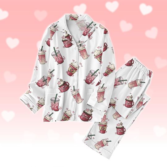Valentine Coffee Pajamas Set, Coffee Cups Sleepwear, True Love Heart Coffee Pajamas, Valentines Pajamas Set