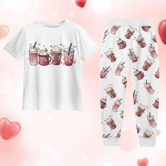 Pink Coffee Valentine Pajamas Set, Valentine Drink Pajamas Set, Cute Couple Pajamas Set
