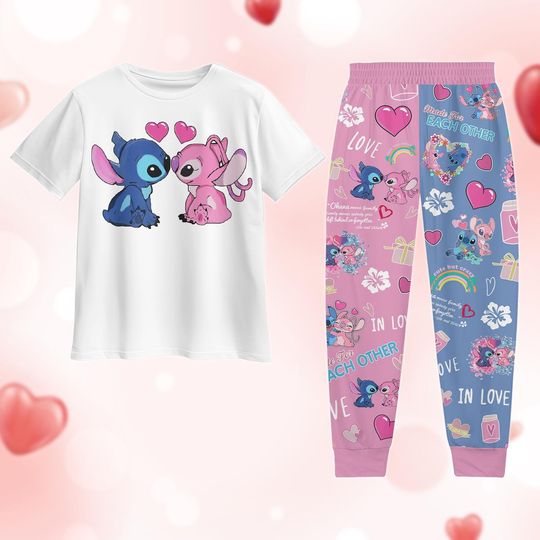 Stitch Angel Valentine Pajamas Set, Stich Angel Kissing Holiday Pajamas, Disney Stitch Lilo Pajamas Set
