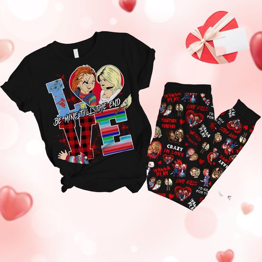 Chucky And Tiffany Valentine Pajamas Set, Horror Valentine Day Pajamas Set, Valentine Pajamas Gift