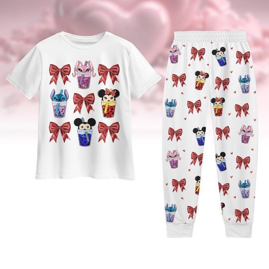 Coquette Bows Valentines Pajamas, Stitch Coquette T-Shirt Pants Set, Disney Cartoon Bow Valentines Pajamas Set