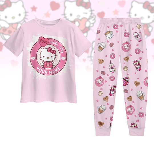 Hello Kitty Valentines Pajamas Set, Kitty Cat Coquette Bows T-Shirt, Valentines Pink Bow Pajamas Set