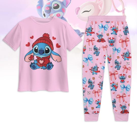 Stitch Valentine's Day Pajamas, Stitch Coquette T-Shirt Pants Set, Disney Bow Valentine Gifts For Women