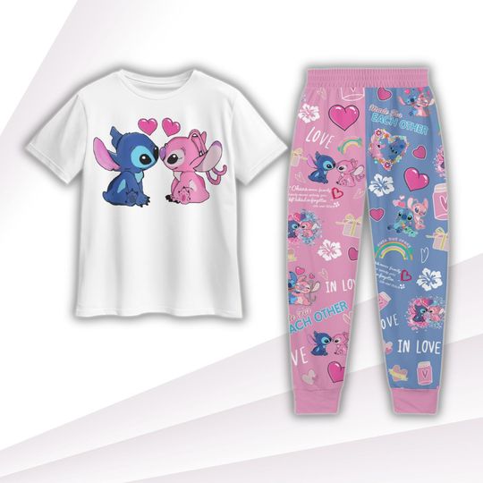 Stitch And Angel Pajamas Set, Disney Valentine Pajamas Set, Valentine Gift