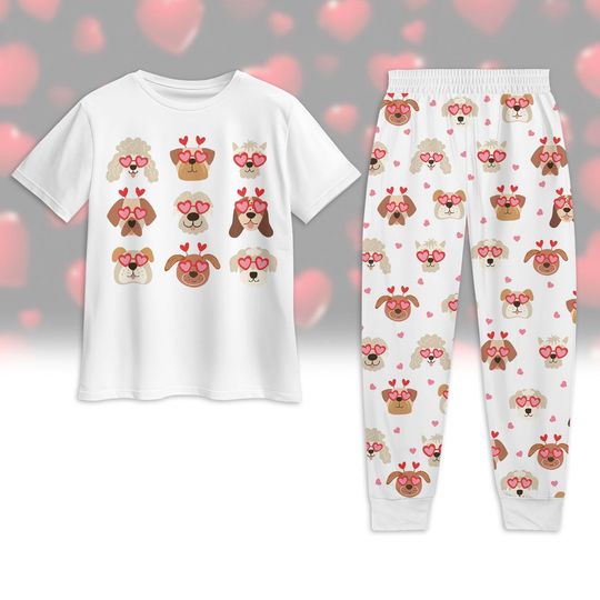 Dog Valentine Pajamas Set, Cute Dog Tshirt Pants, Pet Lover Pajamas For Women, Valentine Gift For Her