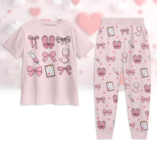 Nurse Pink Coquette Pajamas Set, Nurse Love Tshirt And Pants, Pink Bow Valentine Pajamas