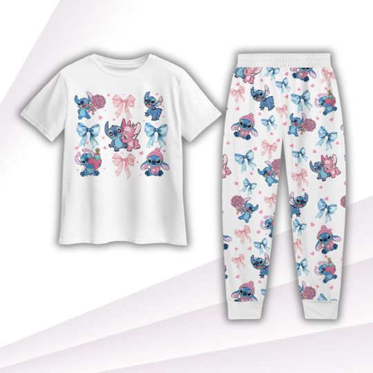 Stitch And Angel Pajamas Set, Stitch Coquette Bow Pajamas Family, Valentine Gift