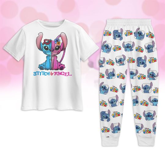Stitch And Angel Pajamas Set, Disney Stitch Tshirt And Pants, Cute Stitch Women Pajamas, Valentine Gift
