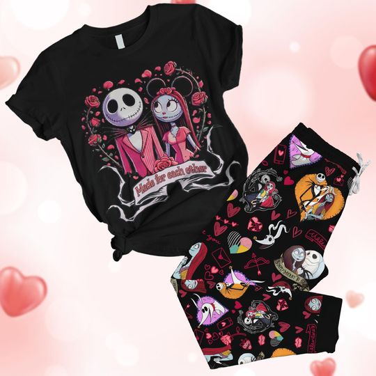 Jack And Sally Pajamas Set, Nightmare Before Christmas T-Shirt Pants, Jack Skellington Pjs, Valentines Gift