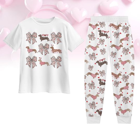 Dachshund Coquette Bow Pajamas Set, Dachshund Valentine Tshirt Pants, Pink Bow Dog Pajamas Set, Valentine Gift