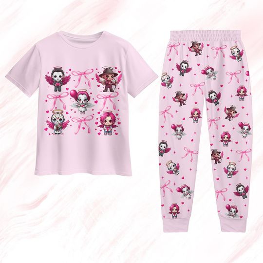 Horror Pink Bow Pajamas Set, Freddy Pajamas Family, Michael Myers Valentine Pajamas, Valentine Gift