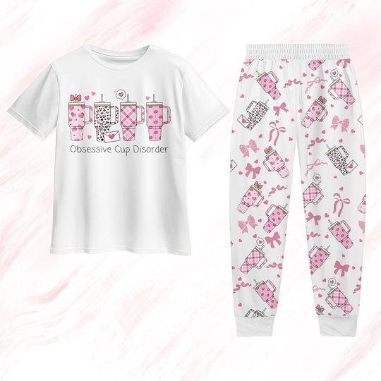 Obsessive Cup Valentine Pajamas Set, Love Cup Pajamas Set, Valentine Gift, Pink Cup Love Pajamas