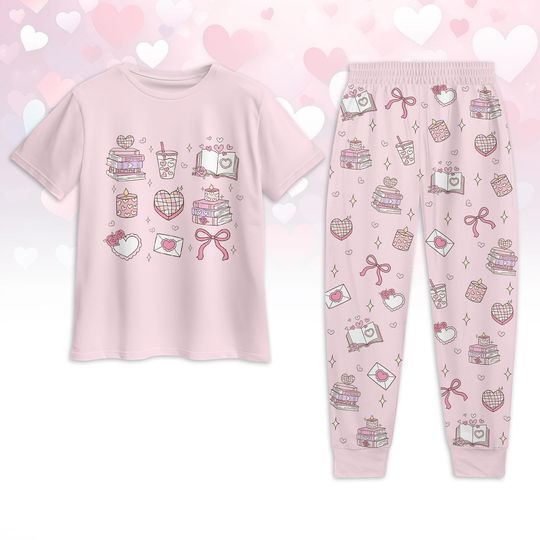 Valentine Books Pajamas Set, Book Lover Tshirt And Pants, Valentine Day Pajamas For Women