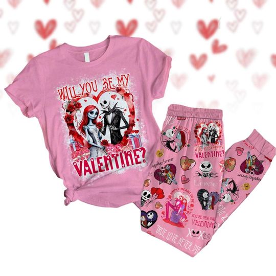 Jack And Sally Couple Pajamas Set, Nightmare Jack And Sally Valentine T-Shirt, Valentines Gift For Him