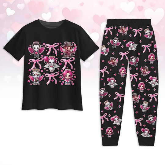 Scary Movie Valentine Pajamas Set, Pink Killer Character T-Shirt Pants Set, Michael Myers Valentine Sleepwear