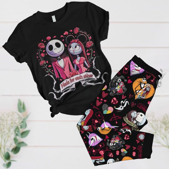 Valentines Nightmare Before Christmas Pajamas Set, Jack Skellington And Sally Pajamas Set