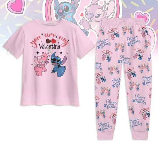 Stitch And Angel Pajamas Set, You Are My Valentine Pajamas Set, Ohana Means Family Pajamas Set