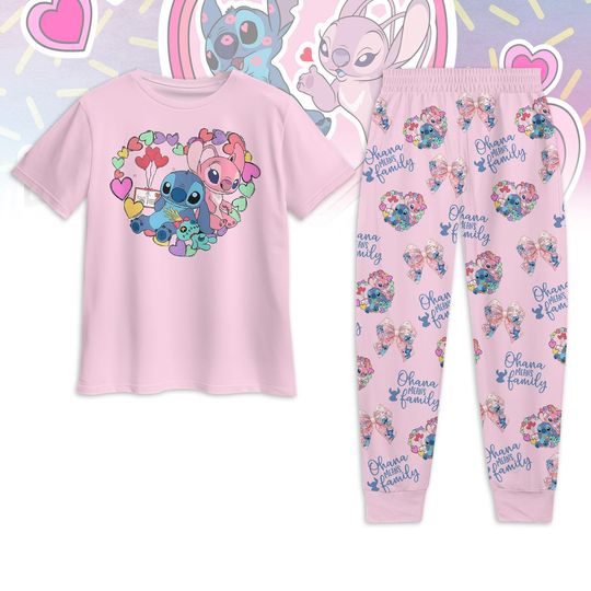 Ohana Means Family Pajamas Set, Cute Stitch And Angel Pajamas Set, Disney Couple Fan Gift