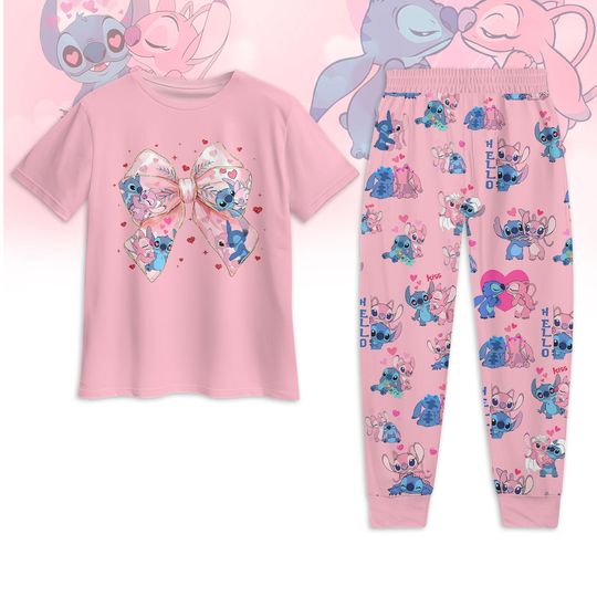 Stitch And Angel Pajamas Set, Disney Coquette Pajamas Set, Cartoon Movie Women Pajamas Set