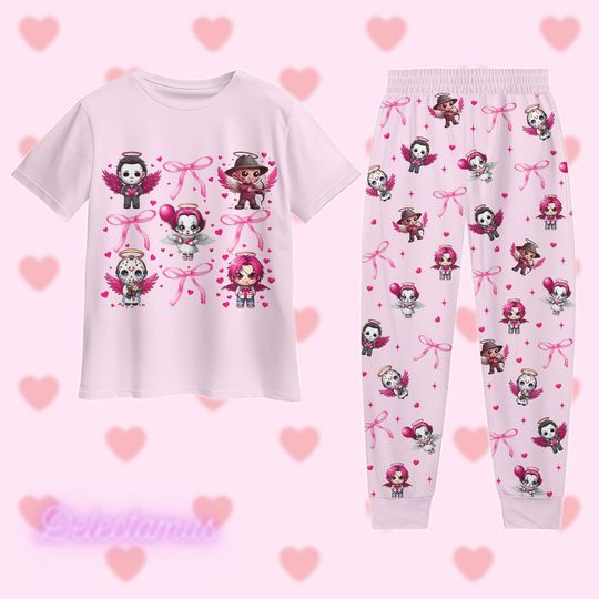 Horror Characters Valentine Pajamas Set, Pink Coquette Pajamas Set, Michael Myers Pajamas Set, Valentine Day
