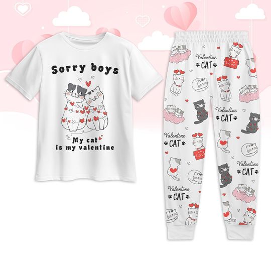 Cat Valentine Pajamas Set, My Cat Is My Valentine Pajamas Set, Cute Cats Pajamas Pants, Cat Mom Pajamas Set