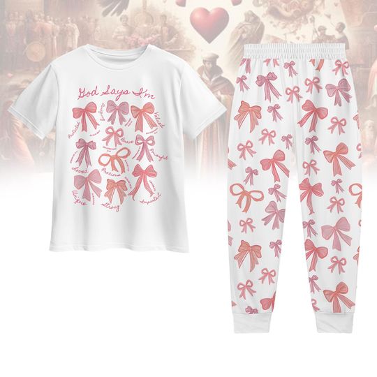 God Says I Am Coquette Bow Pajamas Set, Pink Bows Pajamas Set, Coquette Valentine's Day Pajamas Pants