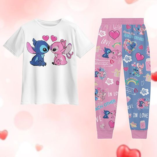 Valentine Stitch And Angel Pajamas Set, Disney Couple Pajamas Set, Stitch Cartoon Pajamas For Party