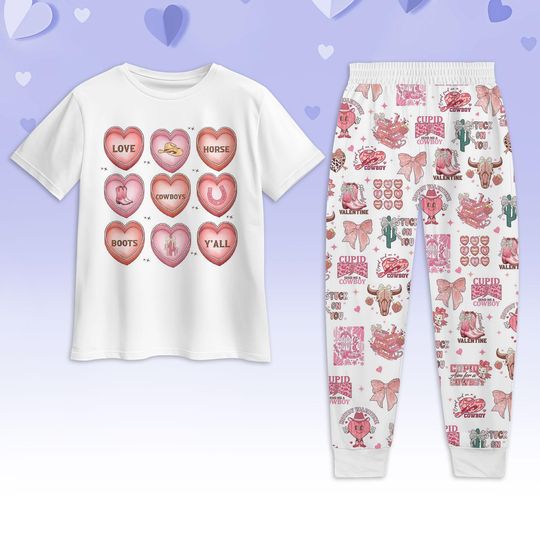 Valentine Day Hearts Pajamas Set, Western Valentine Tshirt Pajamas Set, Coquette Bow Howdy Pajamas Set
